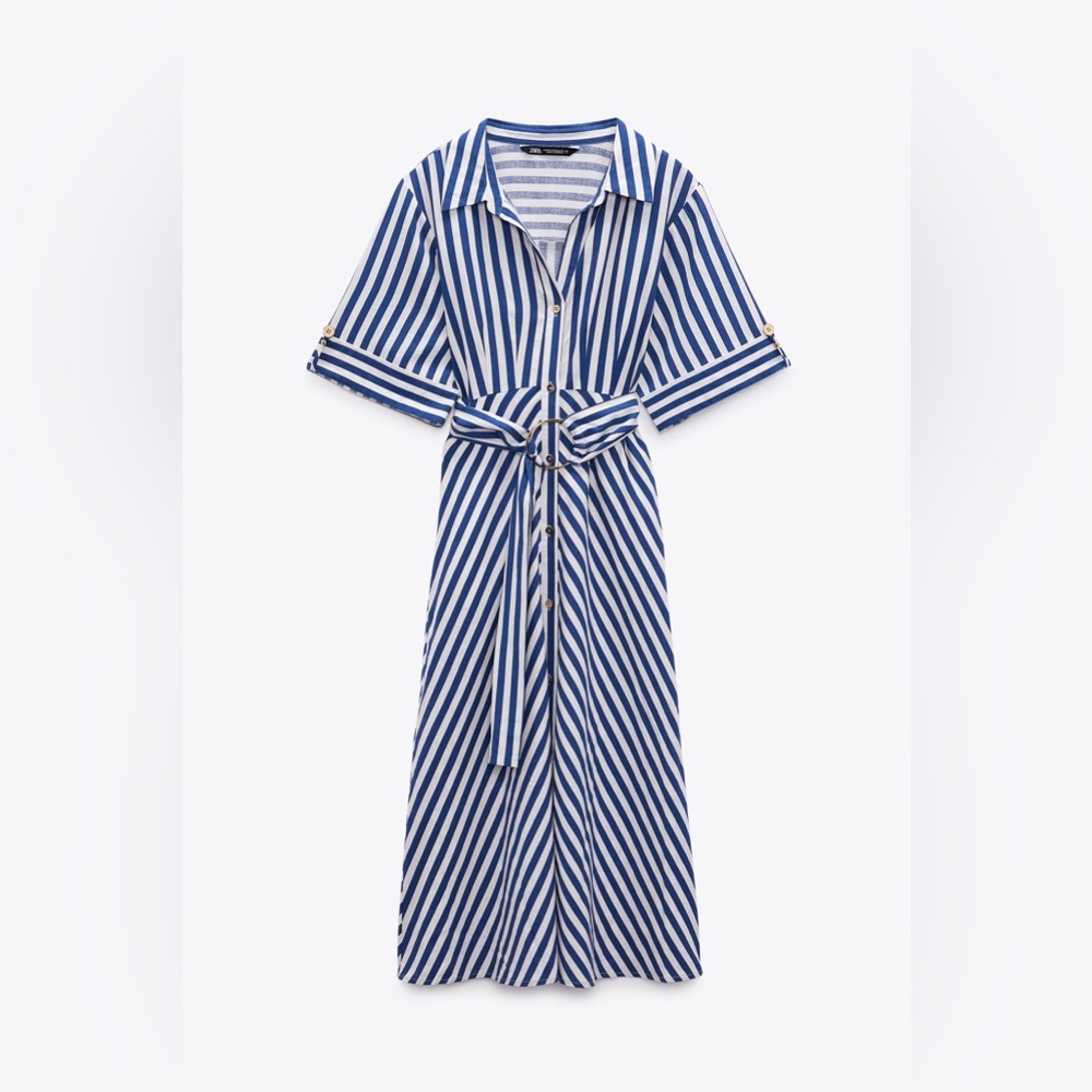 Zara Blue and White Striped Shirt Dress with Belt